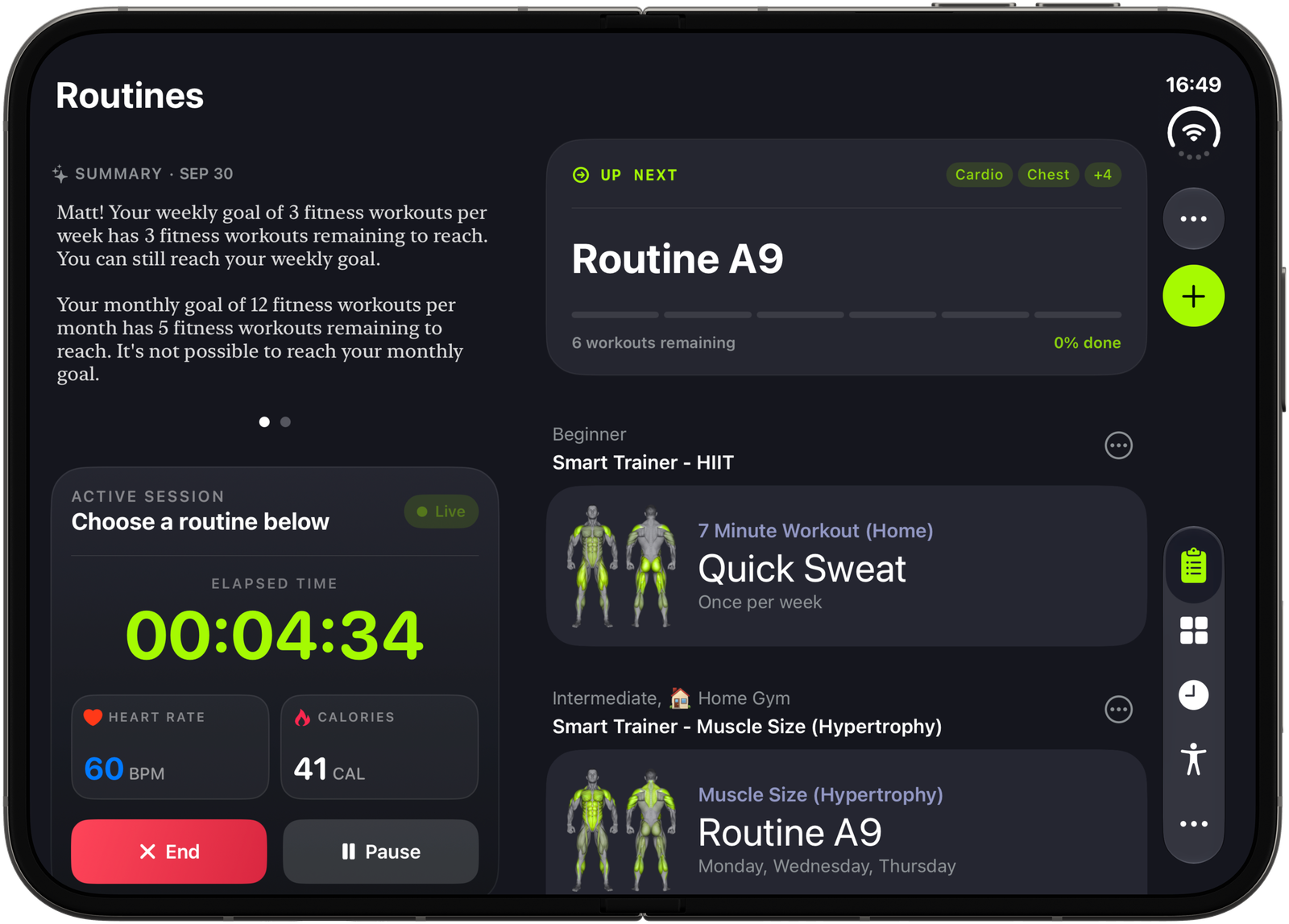 SmartGym Routines on a fully opened iPhone Duo, with your summary and active session in the narrower column and what is up next in the wider one