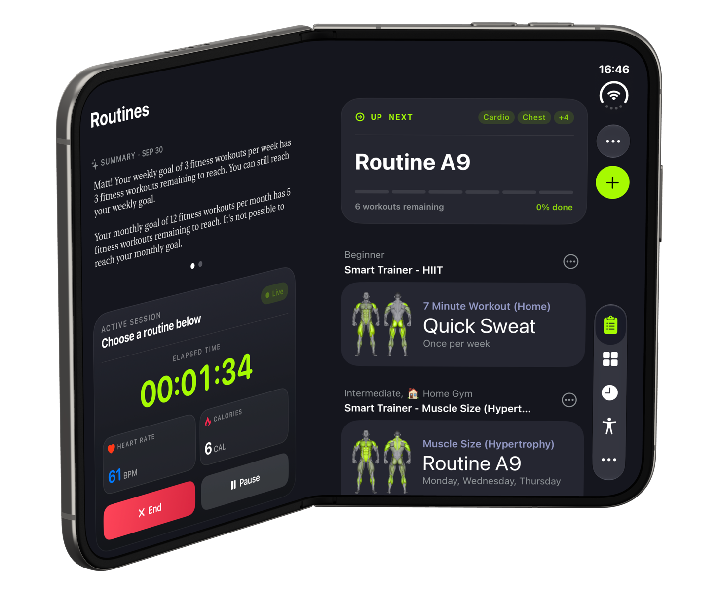 iPhone Duo opened like a book, with SmartGym Routines as two pages