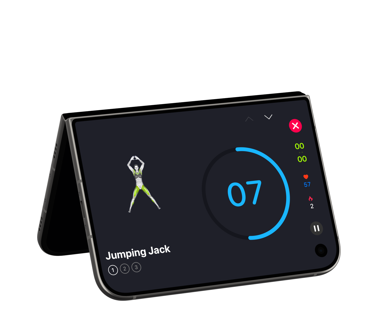 iPhone Duo standing like a tent, with a SmartGym HIIT workout on the cover display