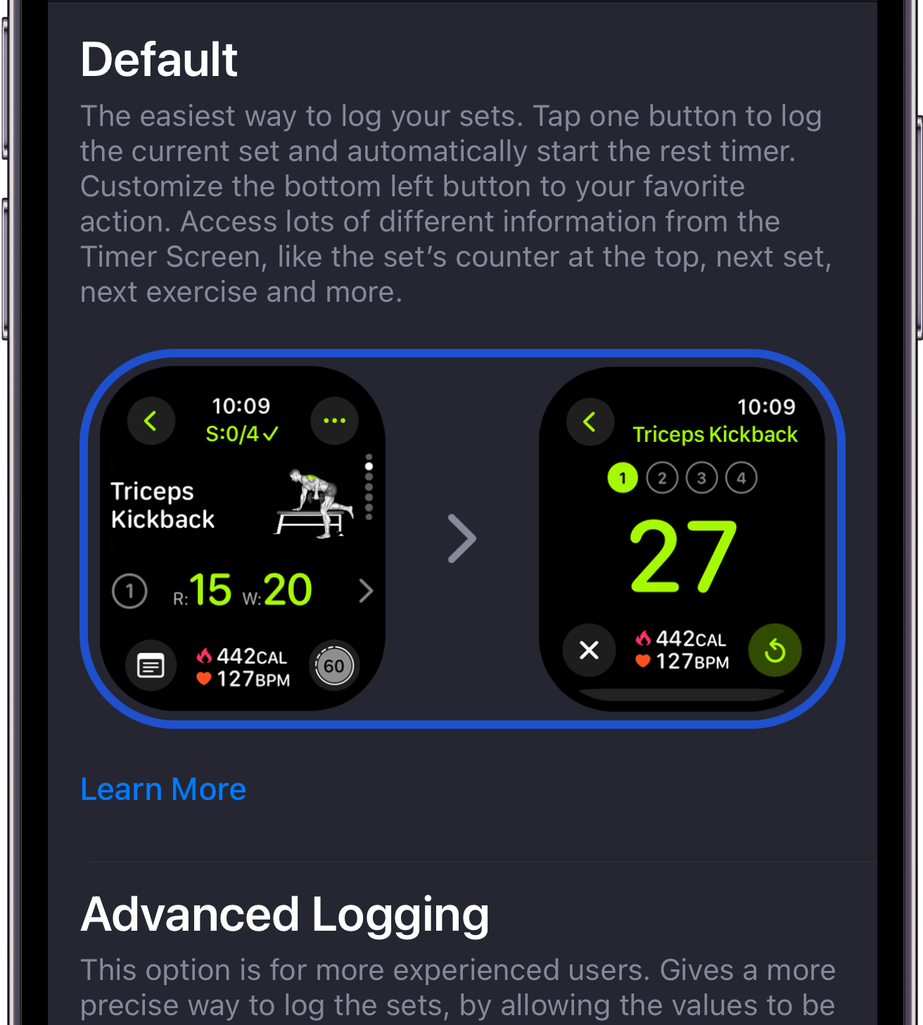 Choosing between Default and Advanced Logging on Apple Watch from the More tab