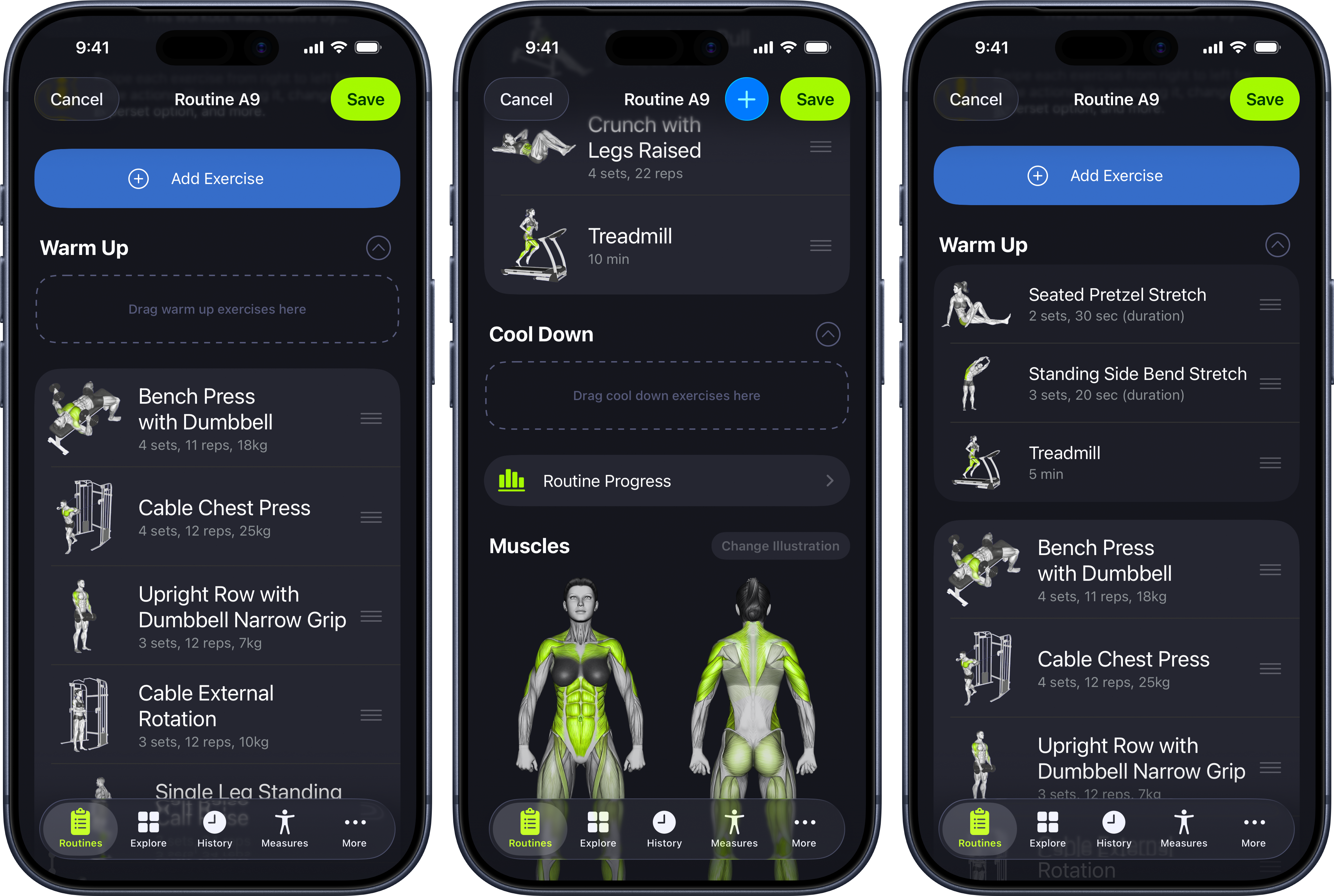 Routine Segments in SmartGym: Main, Warm Up, and Cool Down