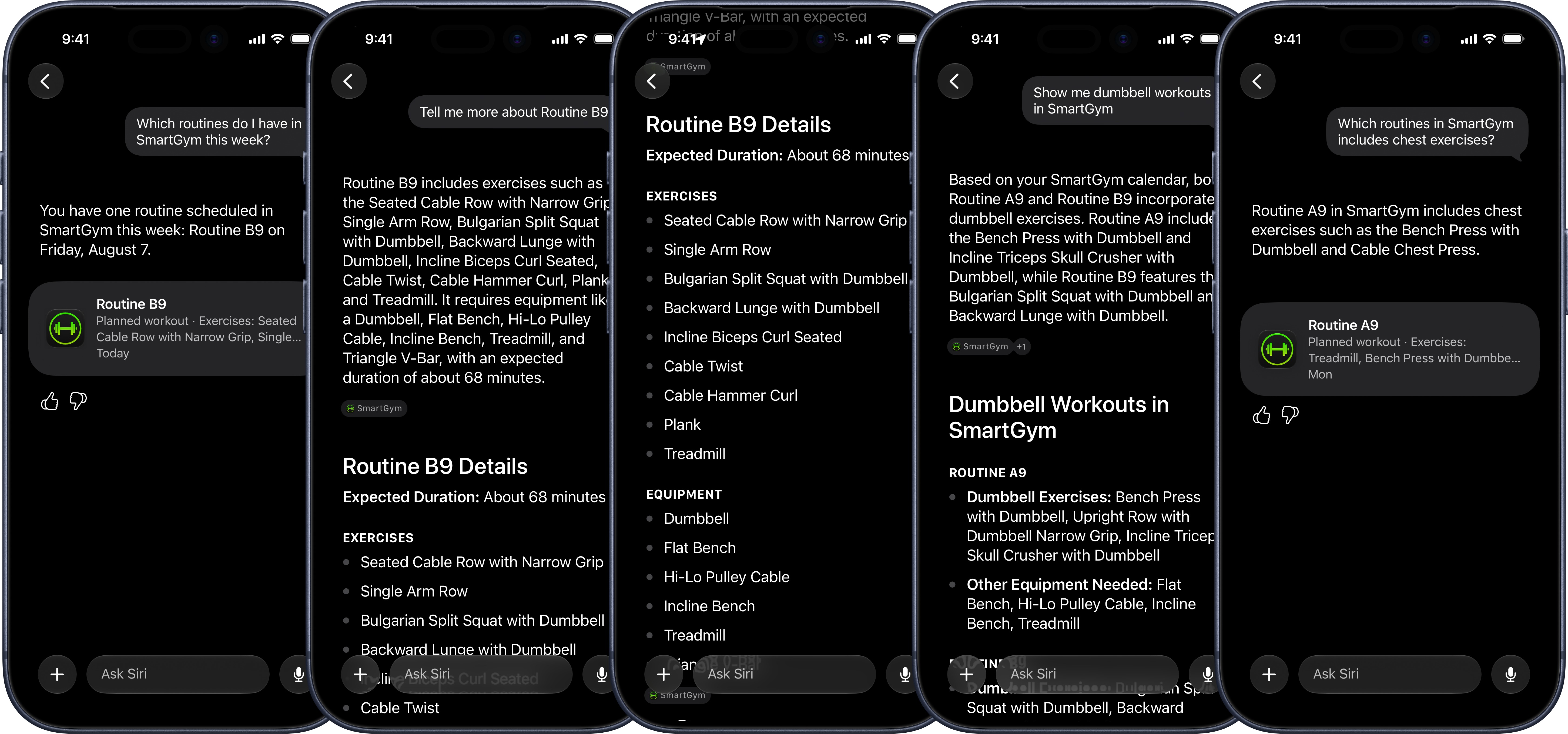 SmartGym data surfaced inline in Siri