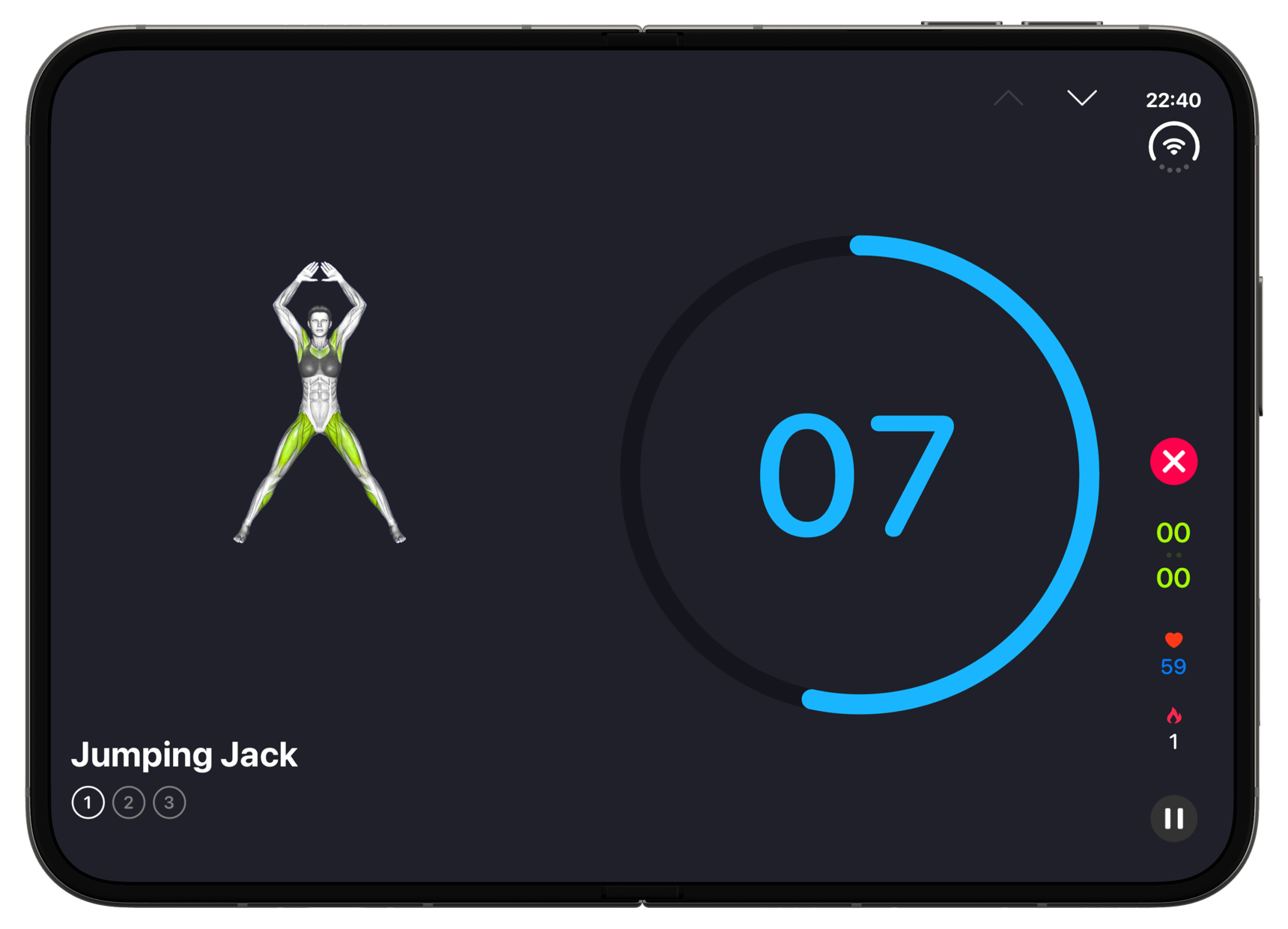 A SmartGym HIIT workout on a fully opened iPhone Duo