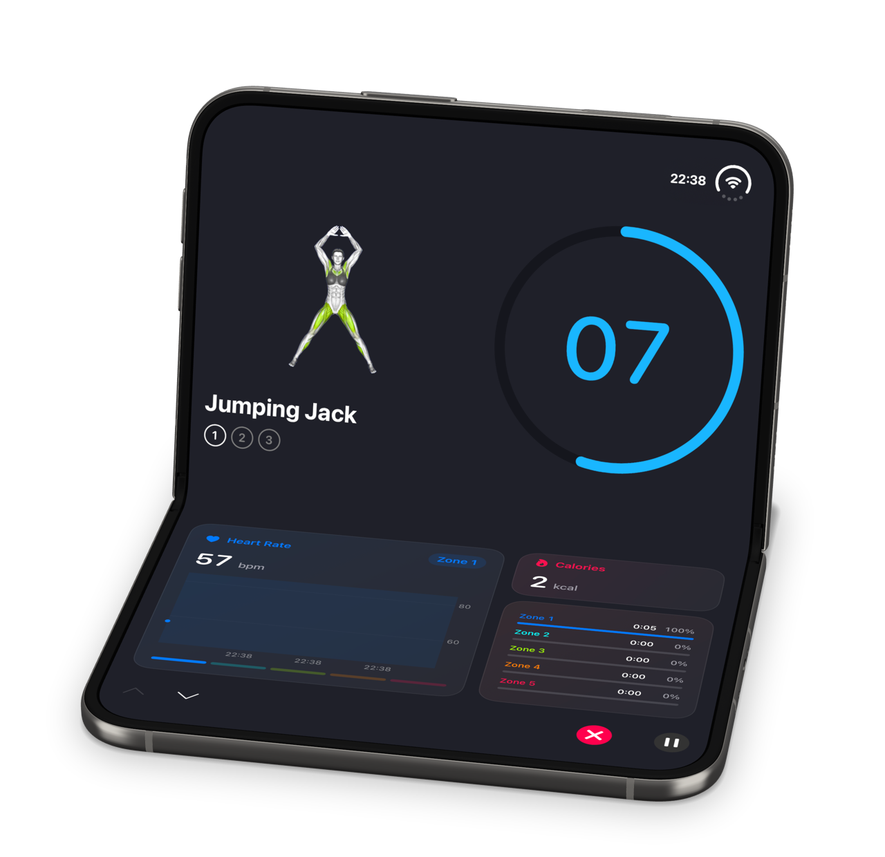 A SmartGym HIIT workout on an iPhone Duo folded halfway and resting on a surface