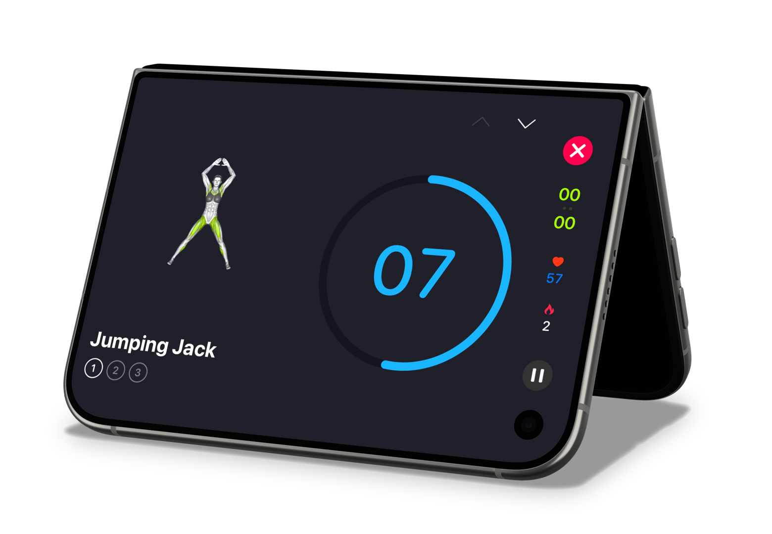 A SmartGym HIIT workout on an iPhone Duo standing like a tent