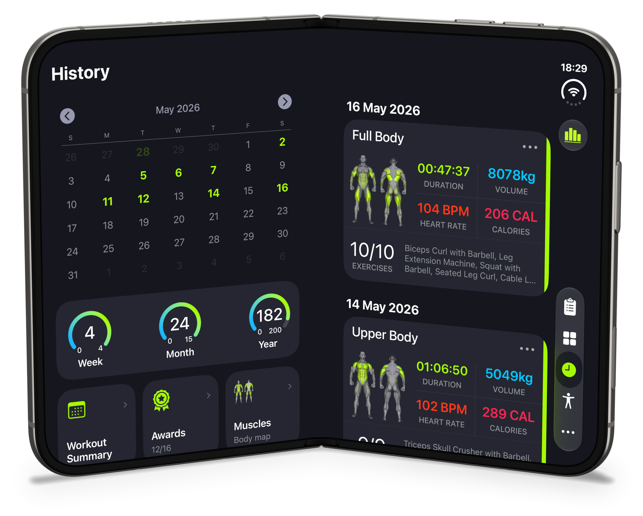 History in Book Style, with the calendar on the left page and logged workouts on the right page