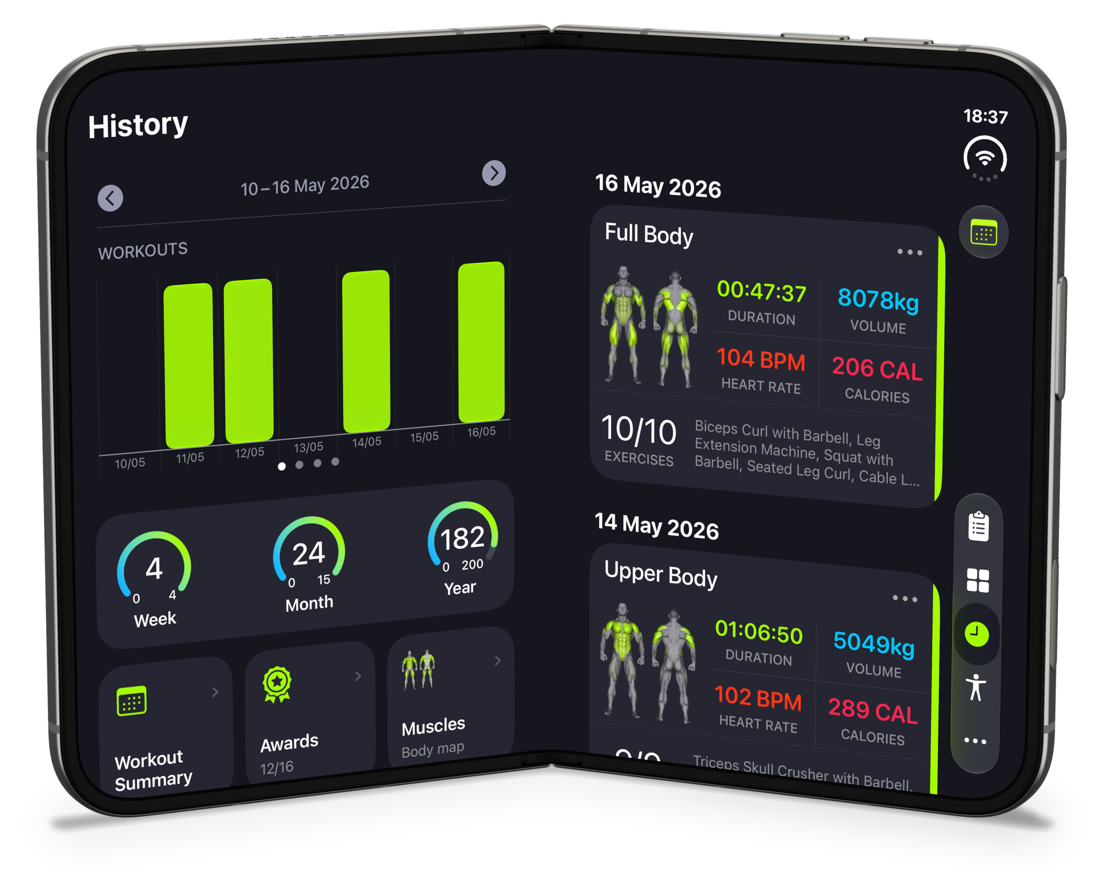 History in Book Style, with a weekly workout chart on the left page
