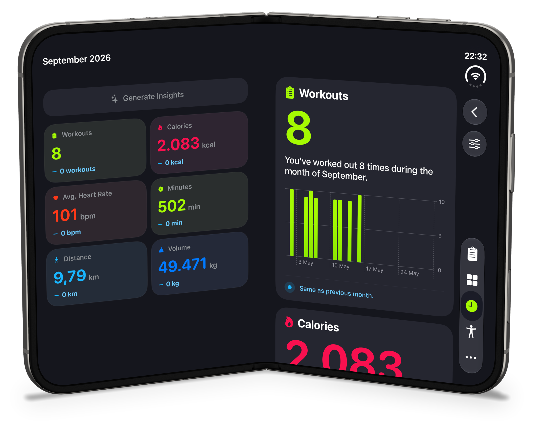 Workout Summary in Book Style, with metrics on the left page and charts on the right page