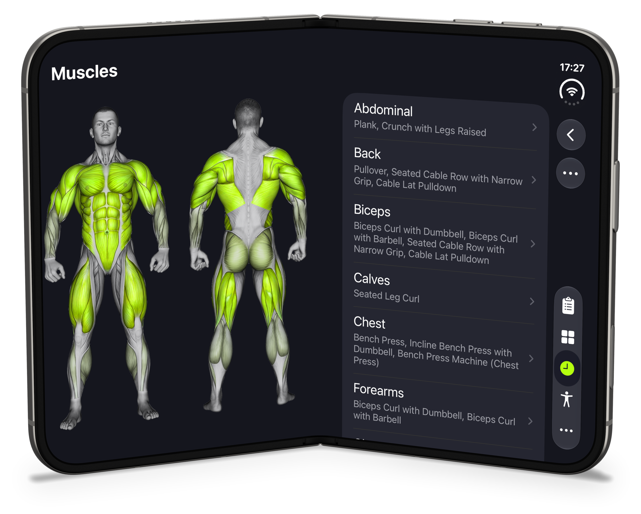 Muscles in Book Style, with the body map on the left page and the muscle list on the right page