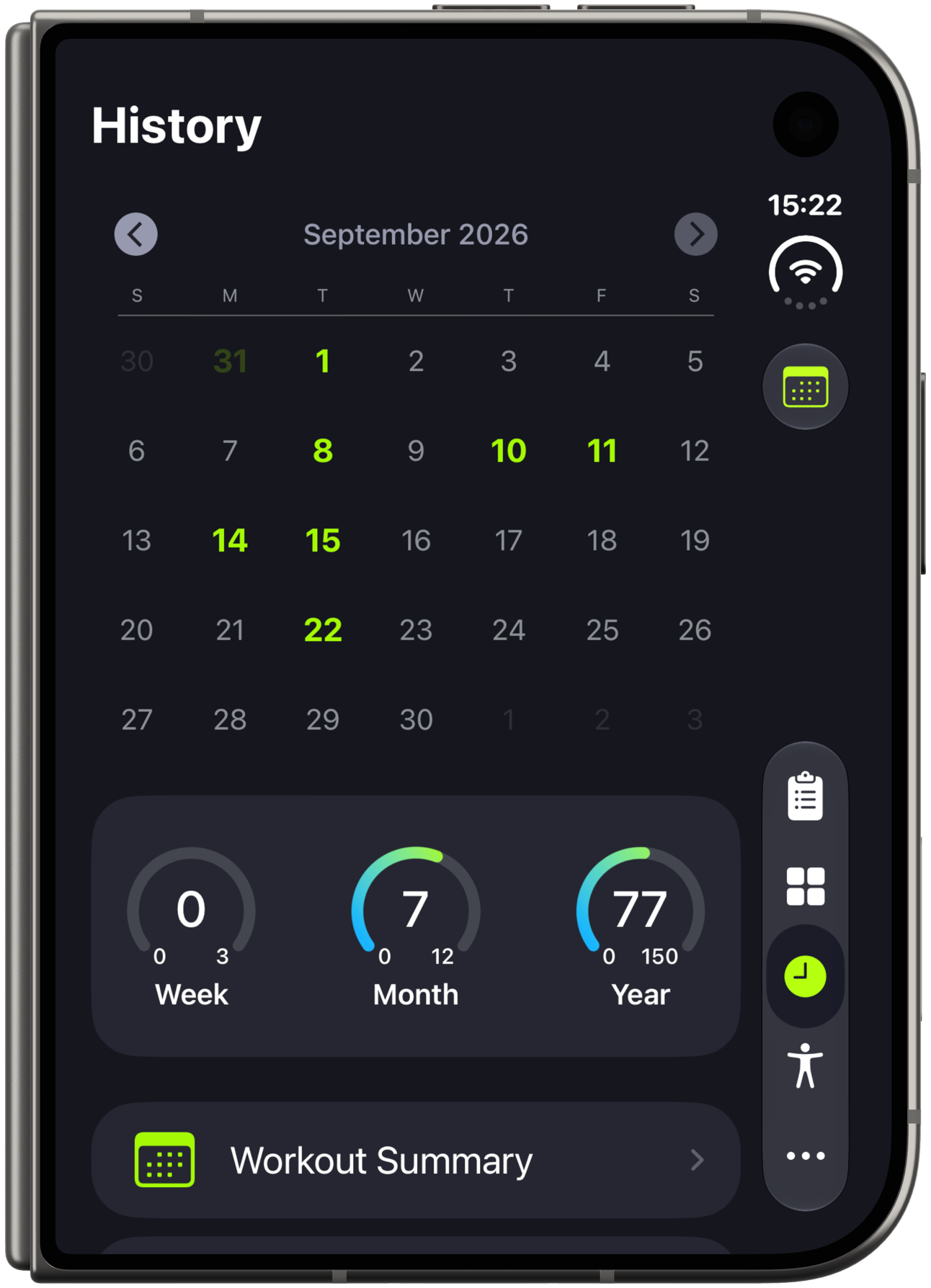 History on the iPhone Duo cover display, with the calendar and workout goals