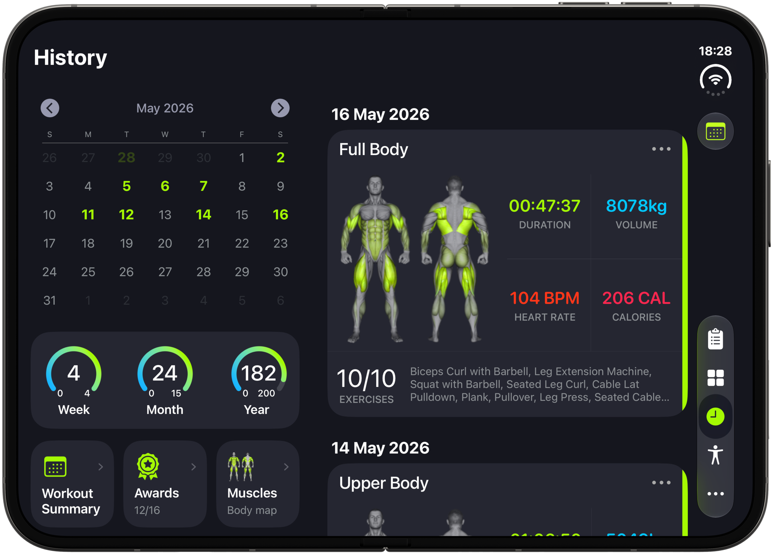 History on a fully opened iPhone Duo, with the calendar next to larger workout cards