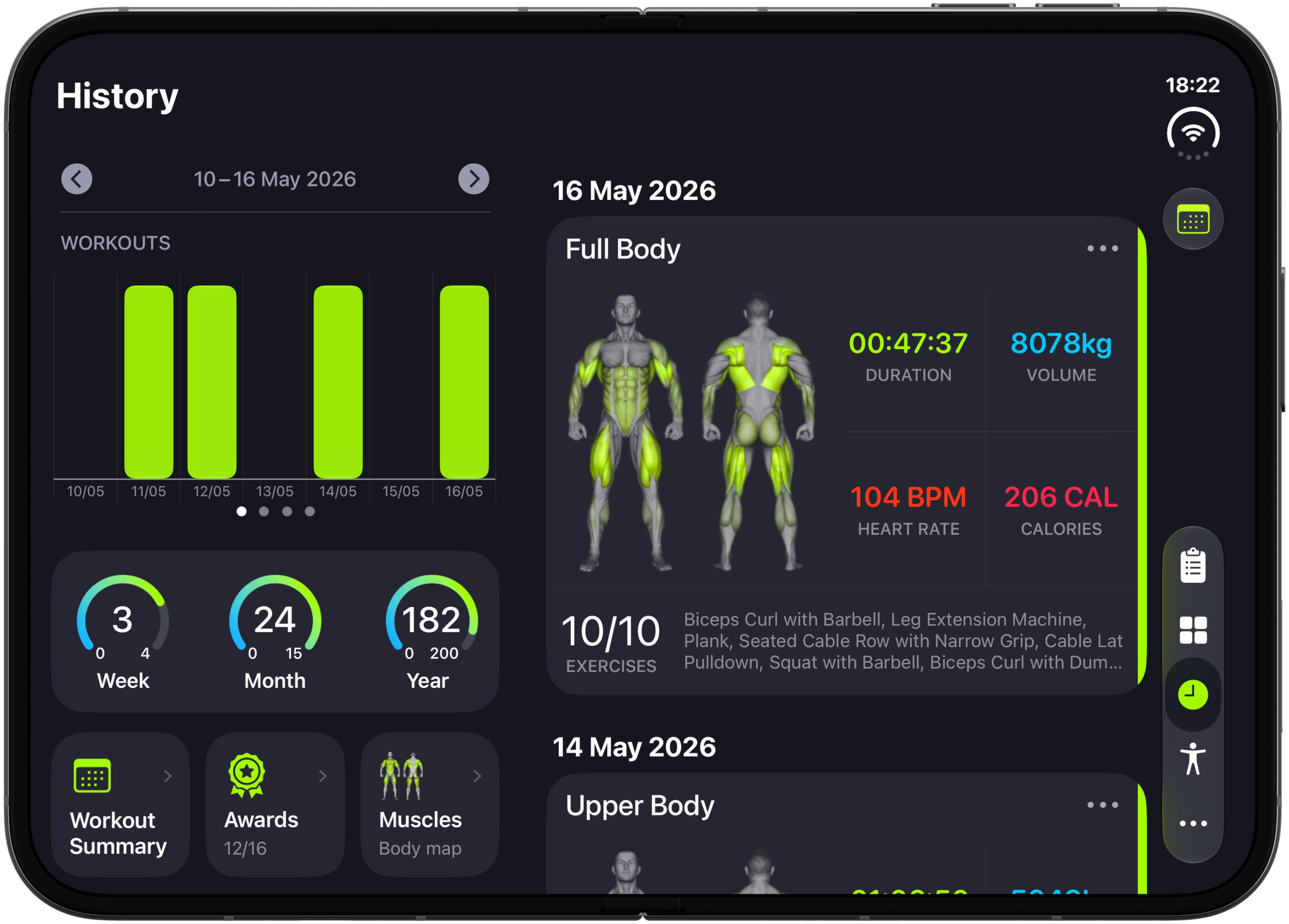 History on a fully opened iPhone Duo, with the weekly workout chart