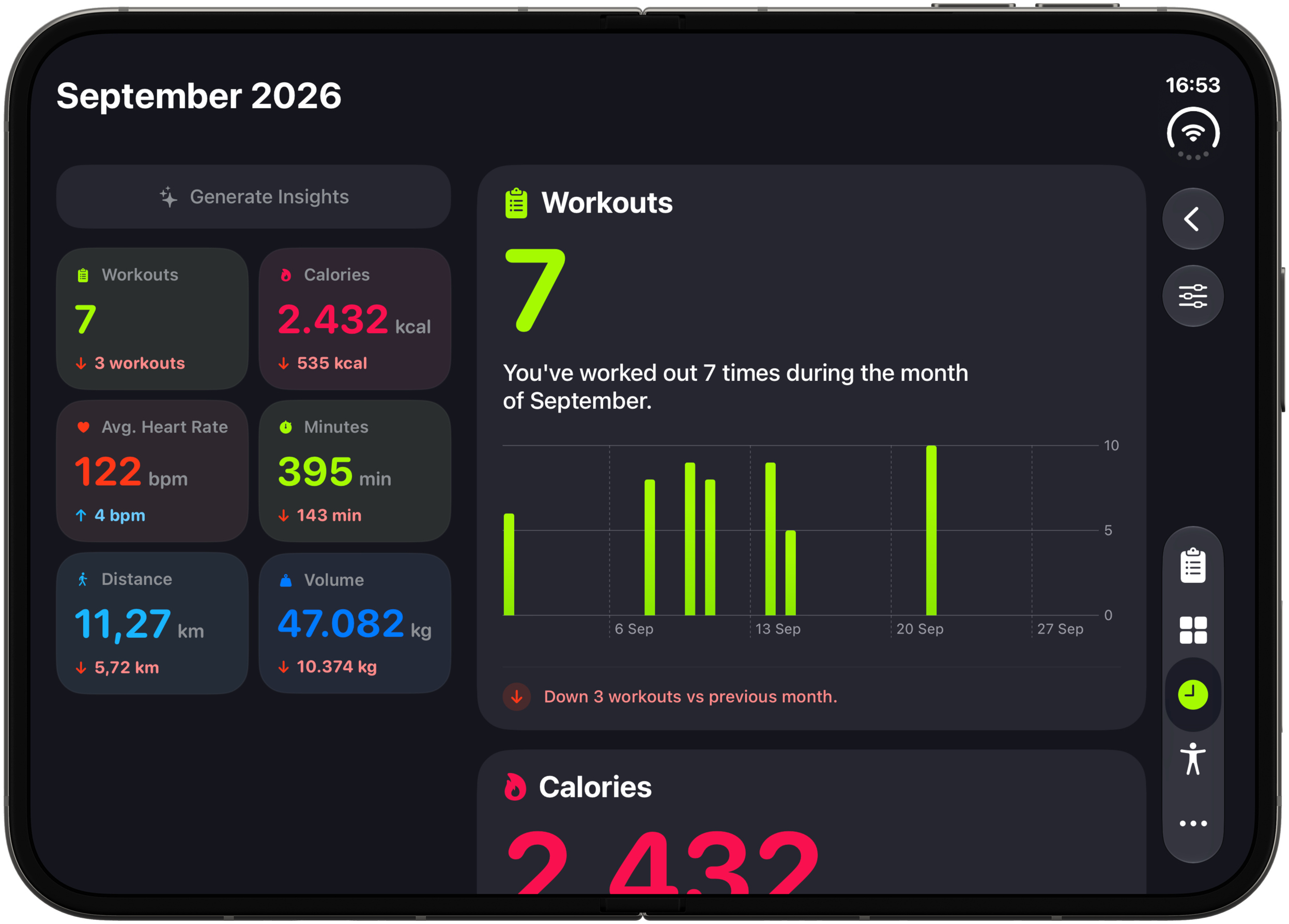 Workout Summary on a fully opened iPhone Duo, with metrics next to wide charts