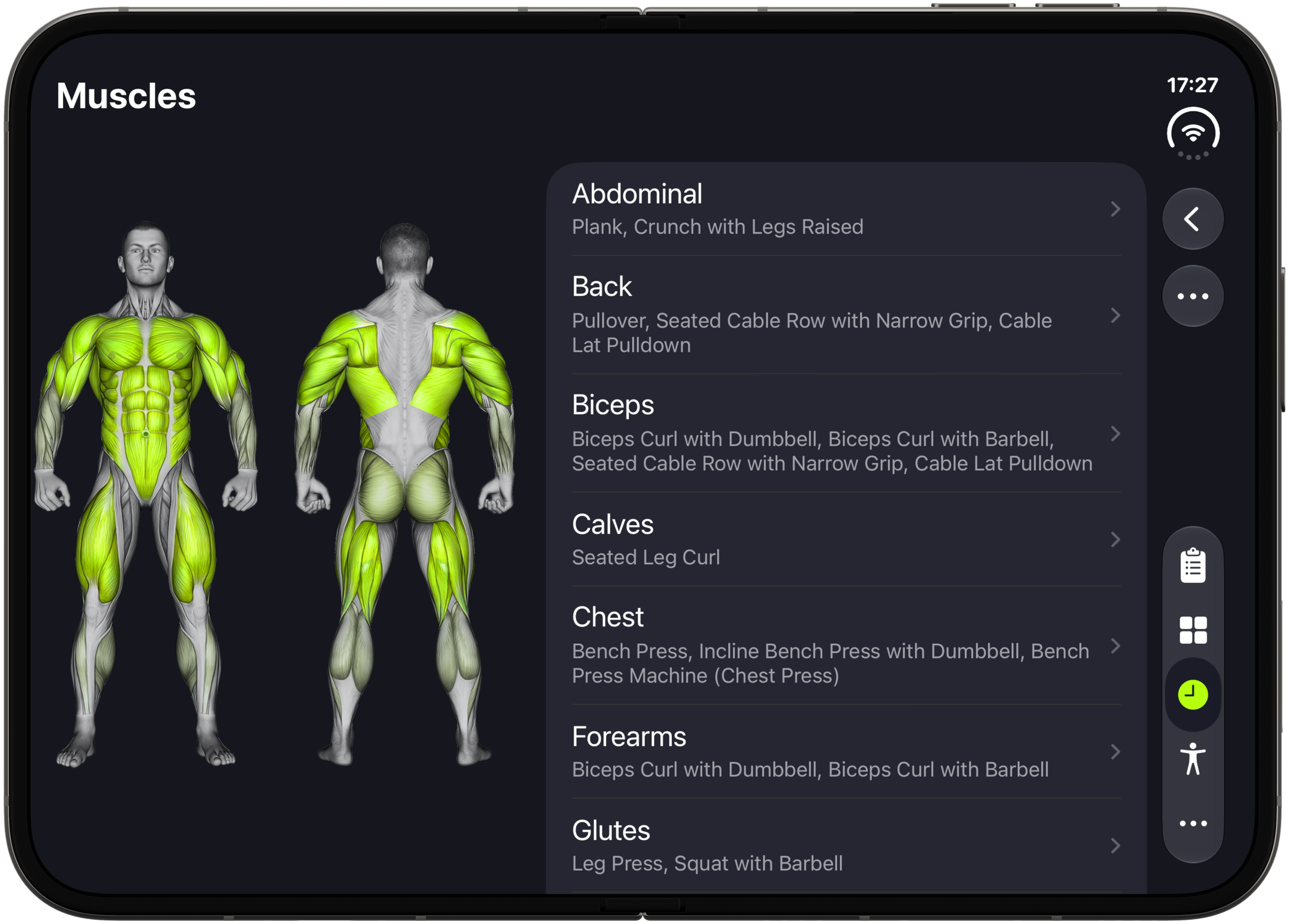 Muscles on a fully opened iPhone Duo, with the body map next to the muscle list