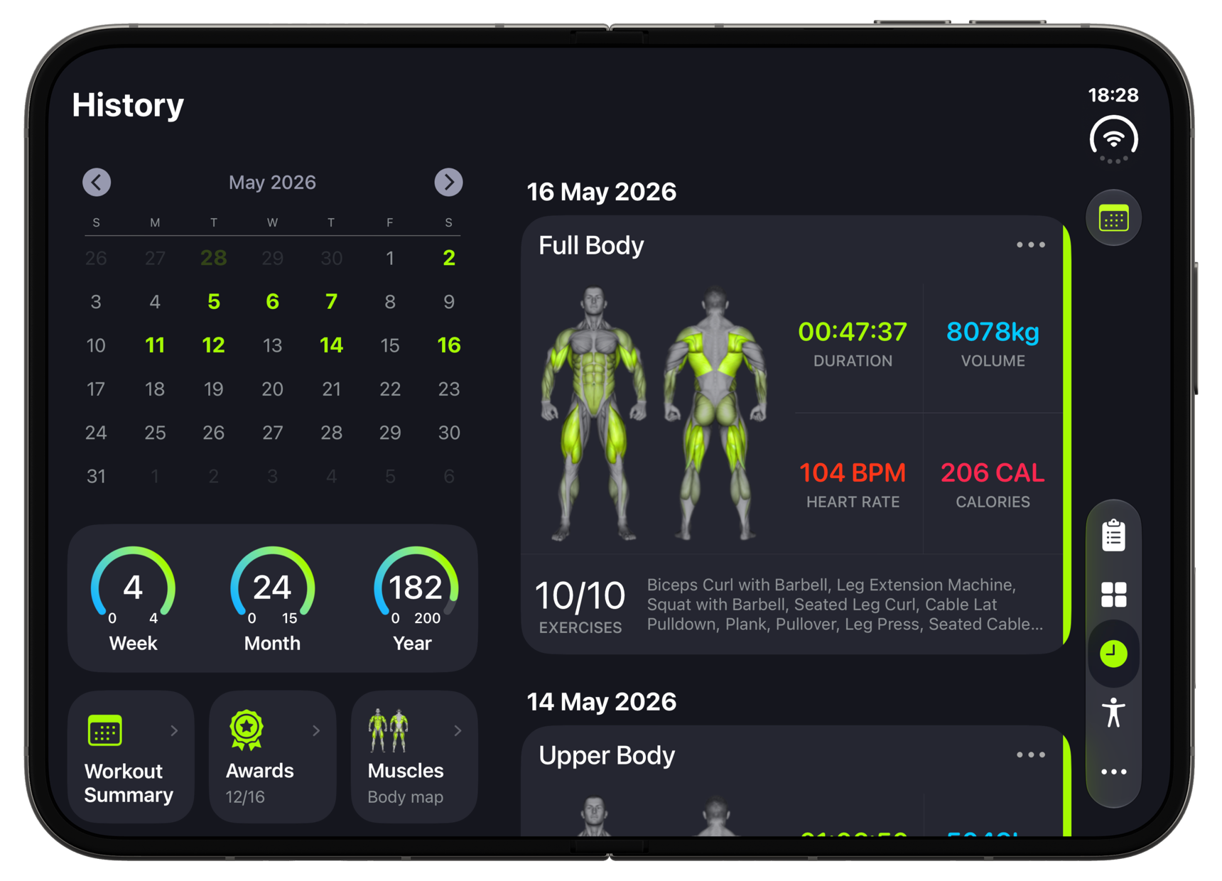 SmartGym History on a fully opened iPhone Duo, moving through a workout, Workout Summary and Muscles
