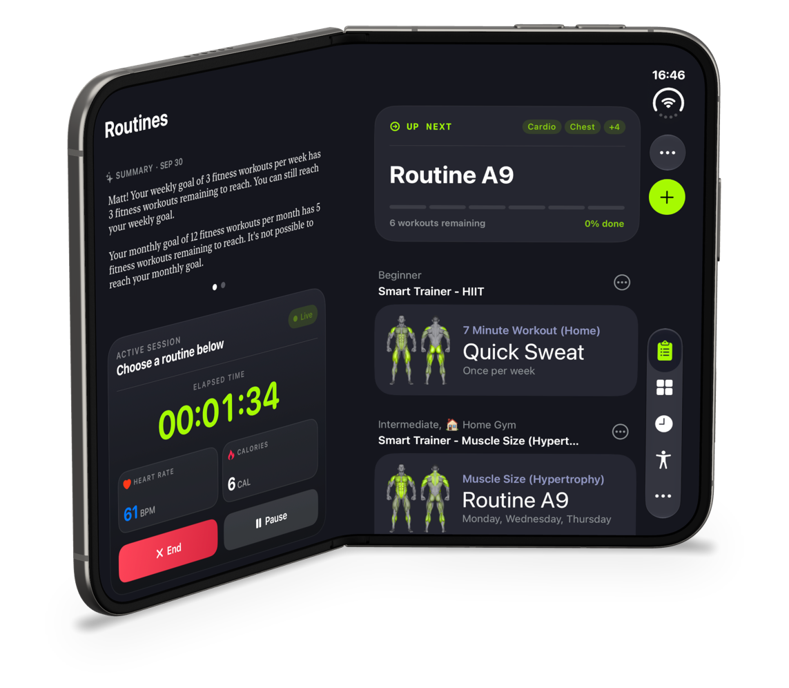 iPhone Duo opened like a book, showing SmartGym Routines as two pages