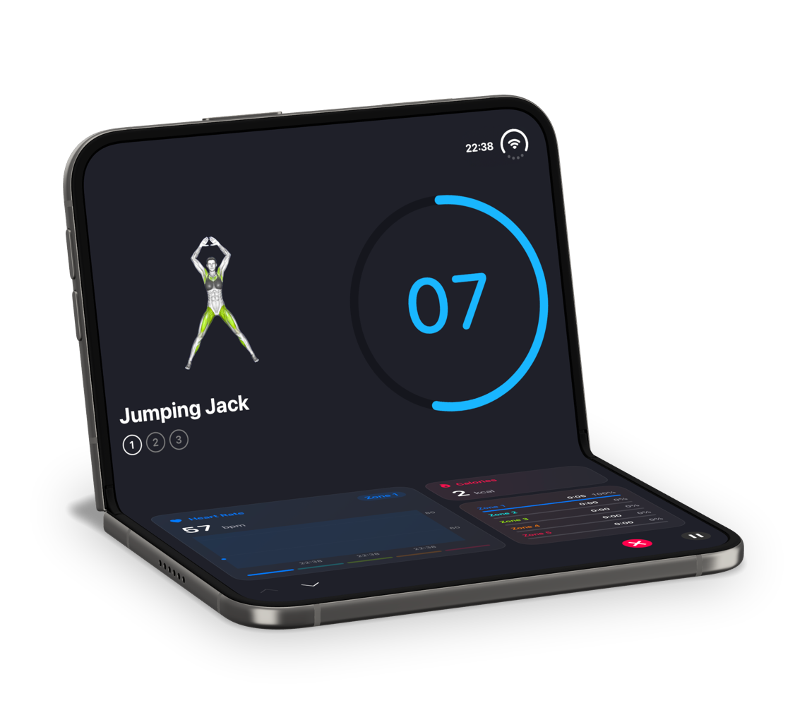 iPhone Duo folded halfway and resting on a surface, showing a SmartGym HIIT workout
