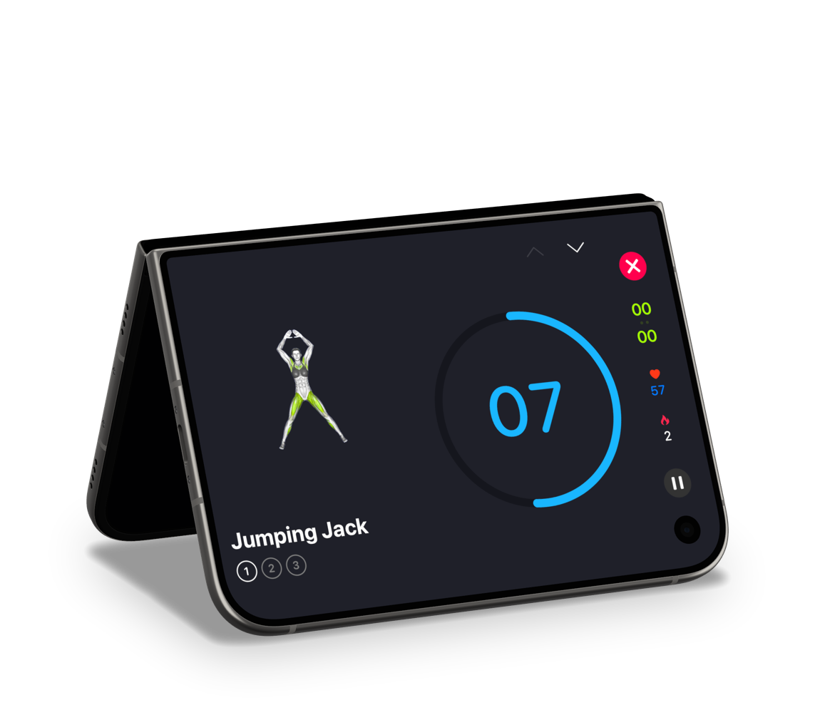 iPhone Duo standing like a tent, showing a SmartGym HIIT workout on the cover display