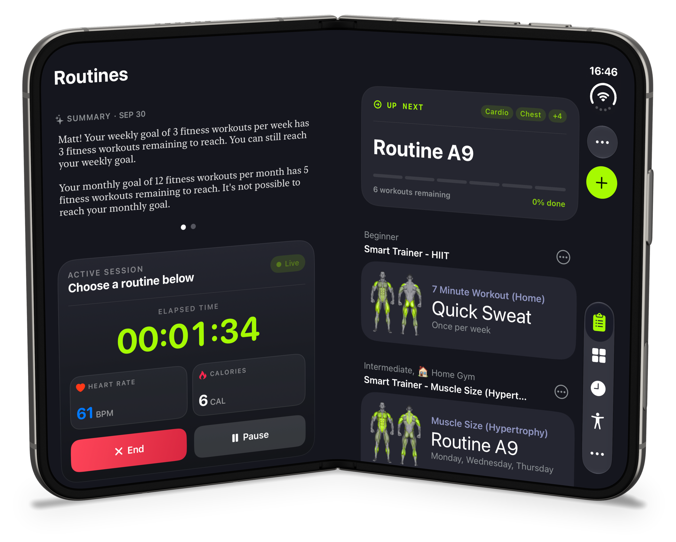 Routines in Book Style, with the summary and active session on the left page and routines on the right page