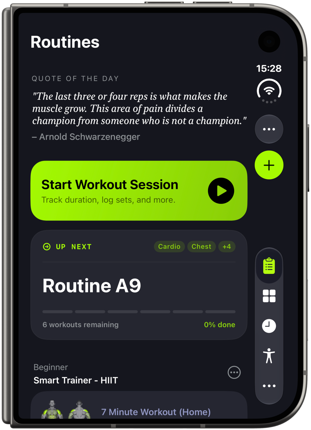 Routines on the iPhone Duo cover display, with the tab bar on the side