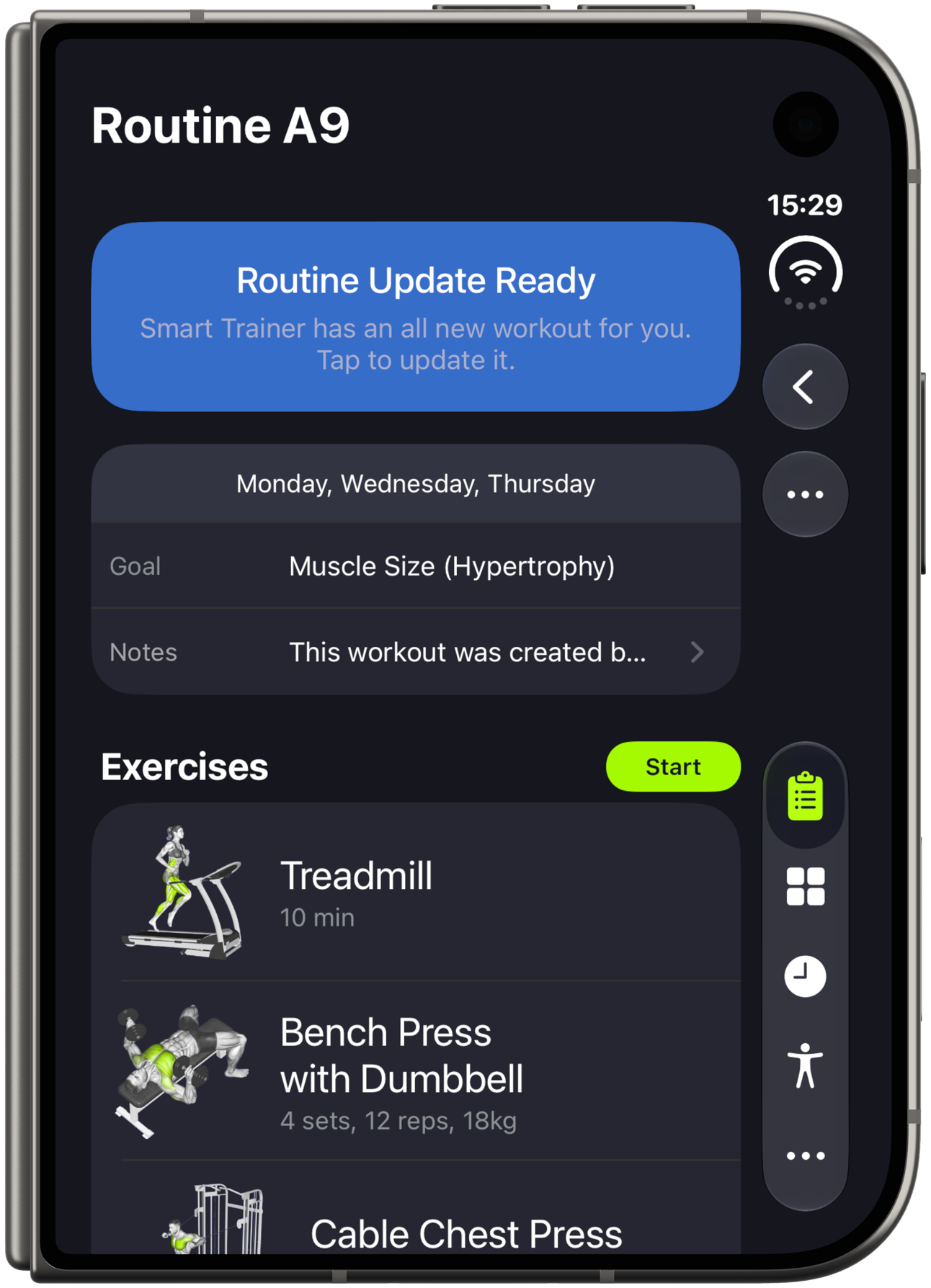 A routine and its exercises on the iPhone Duo cover display