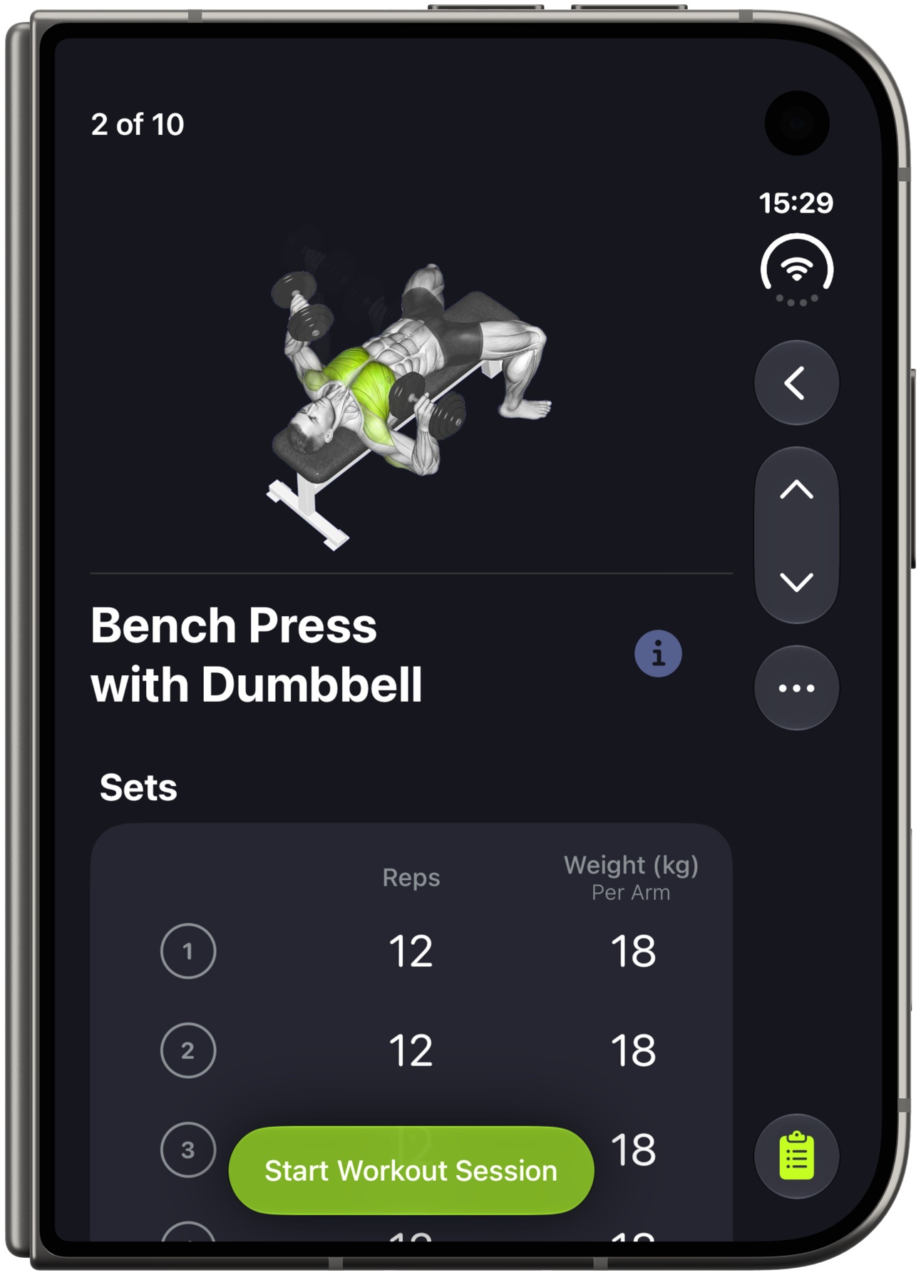 An exercise and its sets on the iPhone Duo cover display