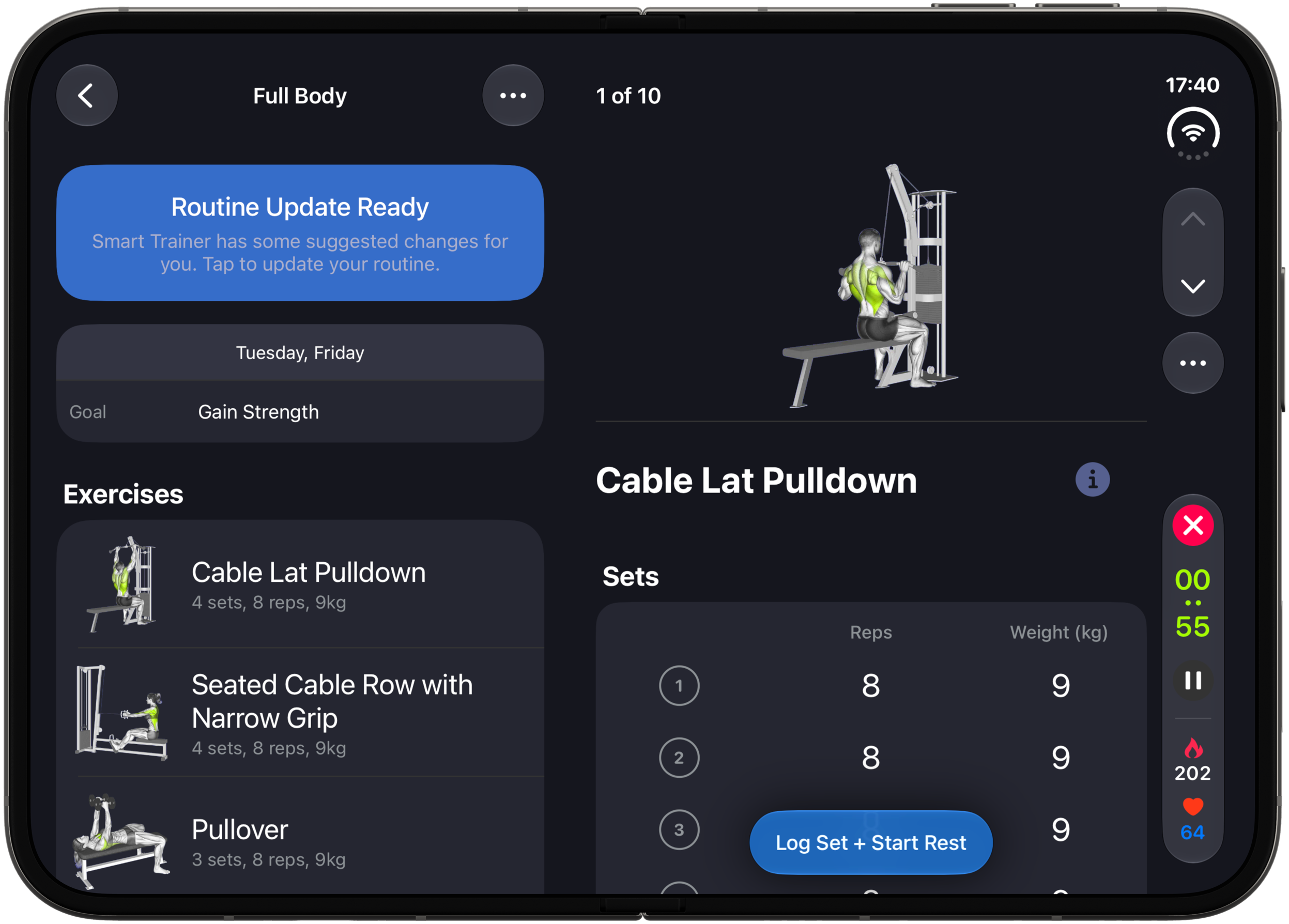 A workout in progress on a fully opened iPhone Duo, with the live session on the side