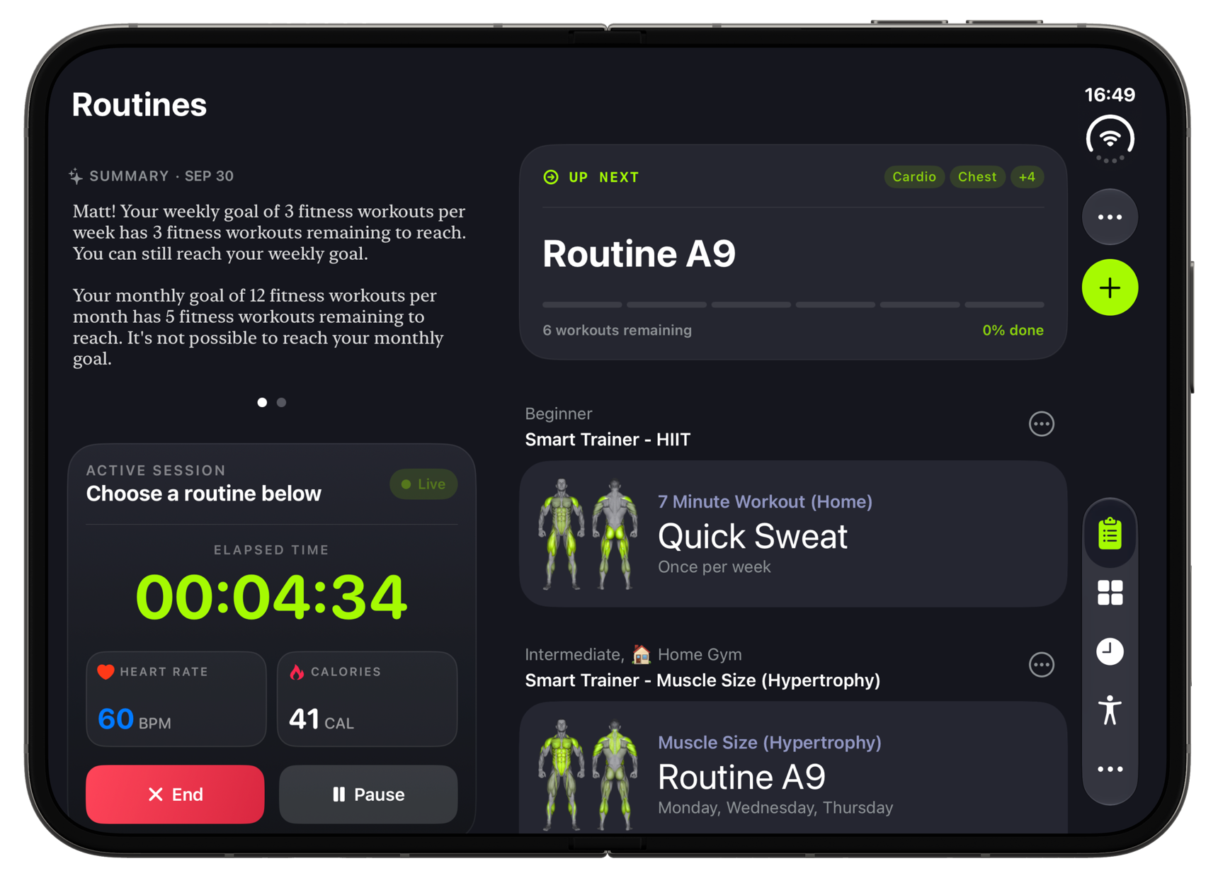 SmartGym Routines on a fully opened iPhone Duo, moving from the routine list into a workout